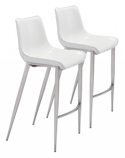 Set Of Two 43" White And Silver Steel Low Back Bar Height Chairs With Footrest By Homeroots