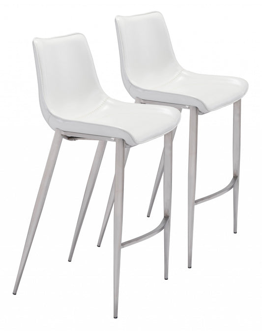 Set Of Two 43" White And Silver Steel Low Back Bar Height Chairs With Footrest By Homeroots | Bar Stools | Modishstore