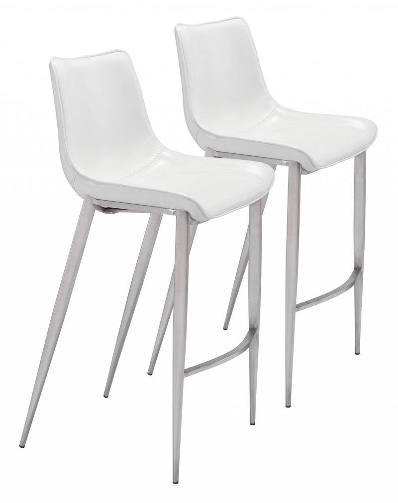 Set Of Two 43" White And Silver Steel Low Back Bar Height Chairs With Footrest By Homeroots | Bar Stools | Modishstore