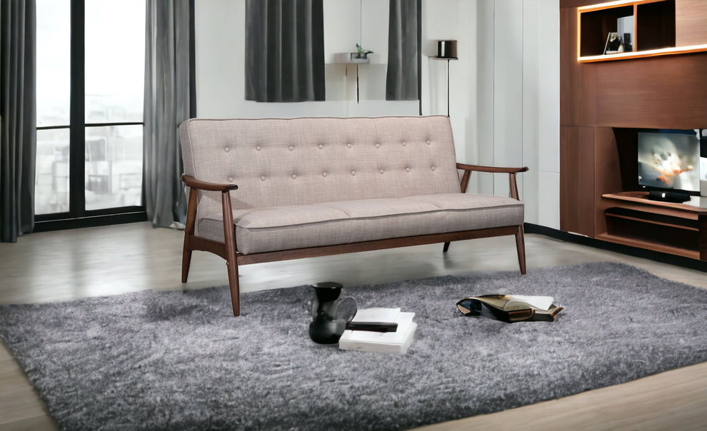 69" Taupe Beige Tufted Fabric And Brown Solid Wood Sofa By Homeroots | Sofas | Modishstore - 2