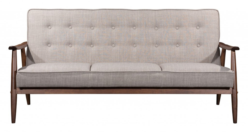 69" Taupe Beige Tufted Fabric And Brown Solid Wood Sofa By Homeroots | Sofas | Modishstore - 4