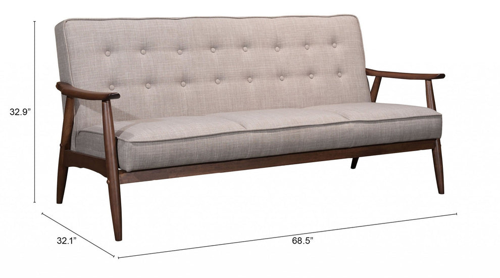 69" Taupe Beige Tufted Fabric And Brown Solid Wood Sofa By Homeroots | Sofas | Modishstore - 9