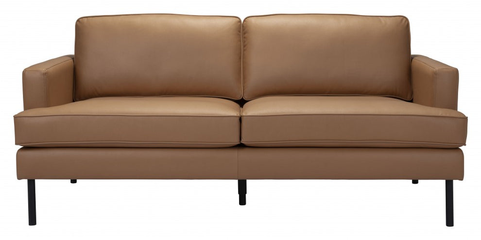 72" Camel Brown Faux Leather And Black Metal Sofa By Homeroots | Sofas | Modishstore - 4