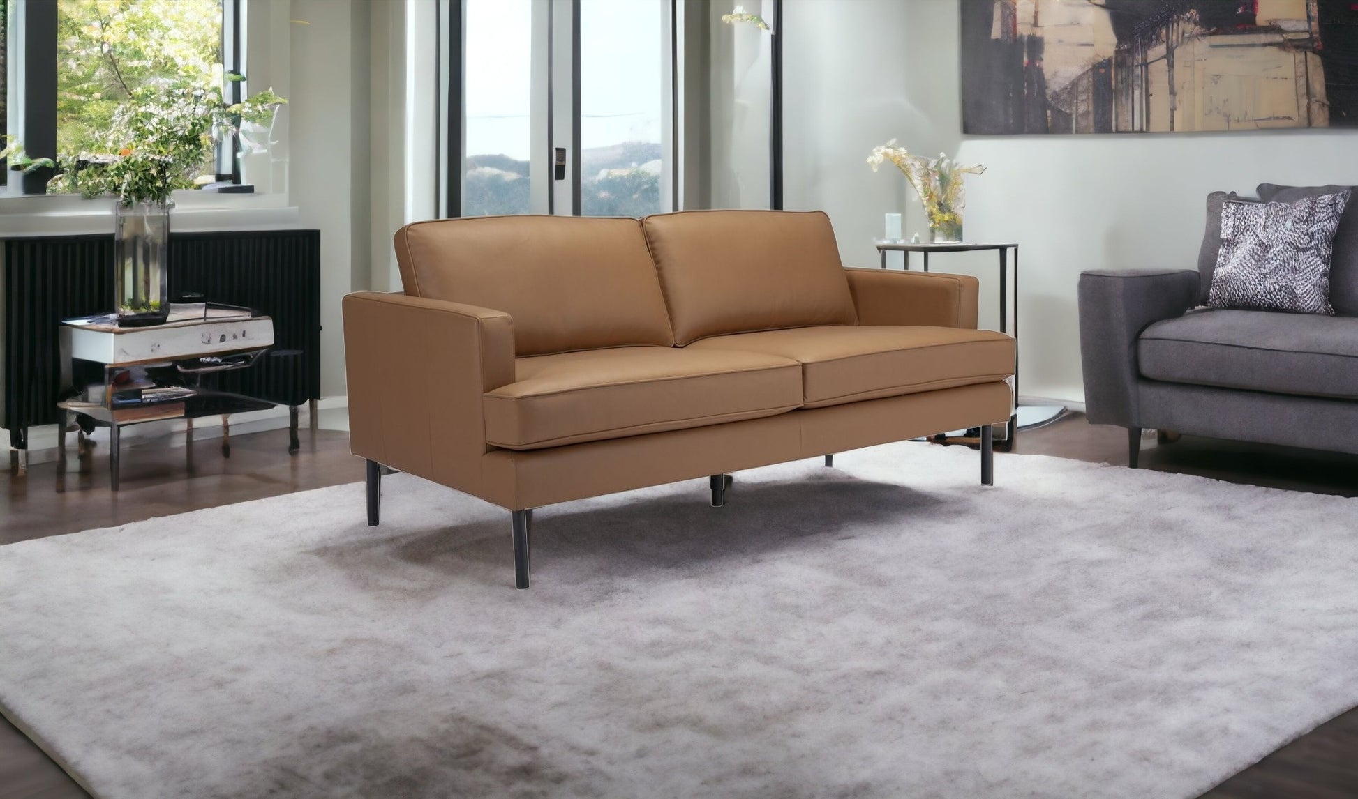 72" Camel Brown Faux Leather And Black Metal Sofa By Homeroots | Sofas | Modishstore - 2