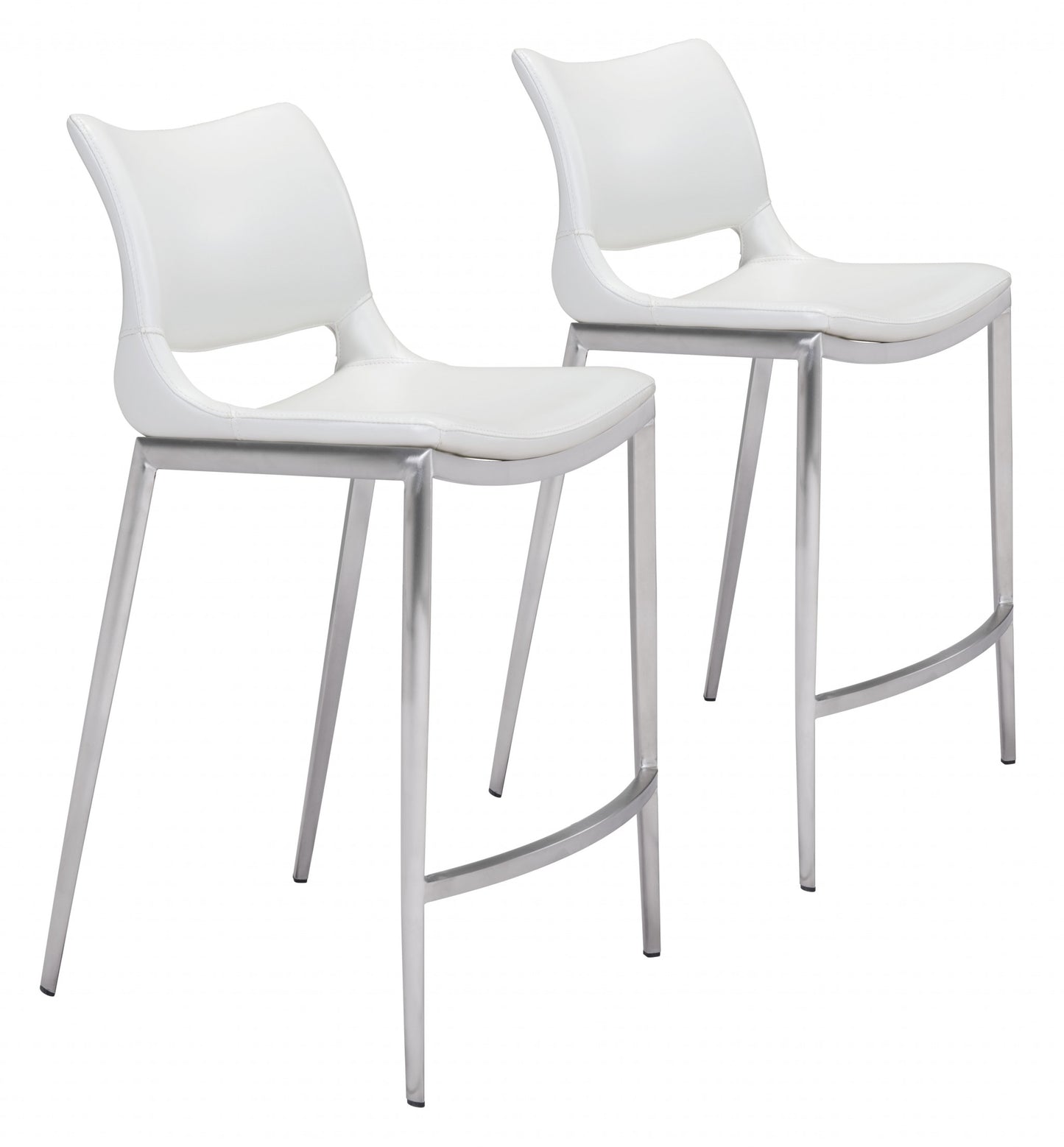Set Of Two 37" White And Silver Steel Low Back Counter Height Bar Chairs With Footrest By Homeroots