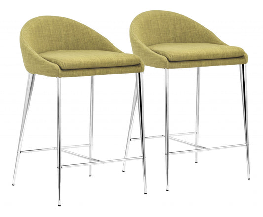 Set Of Two 30" Green and Steel Low Back Counter Height Bar Chairs By Homeroots | Bar Stools | Modishstore