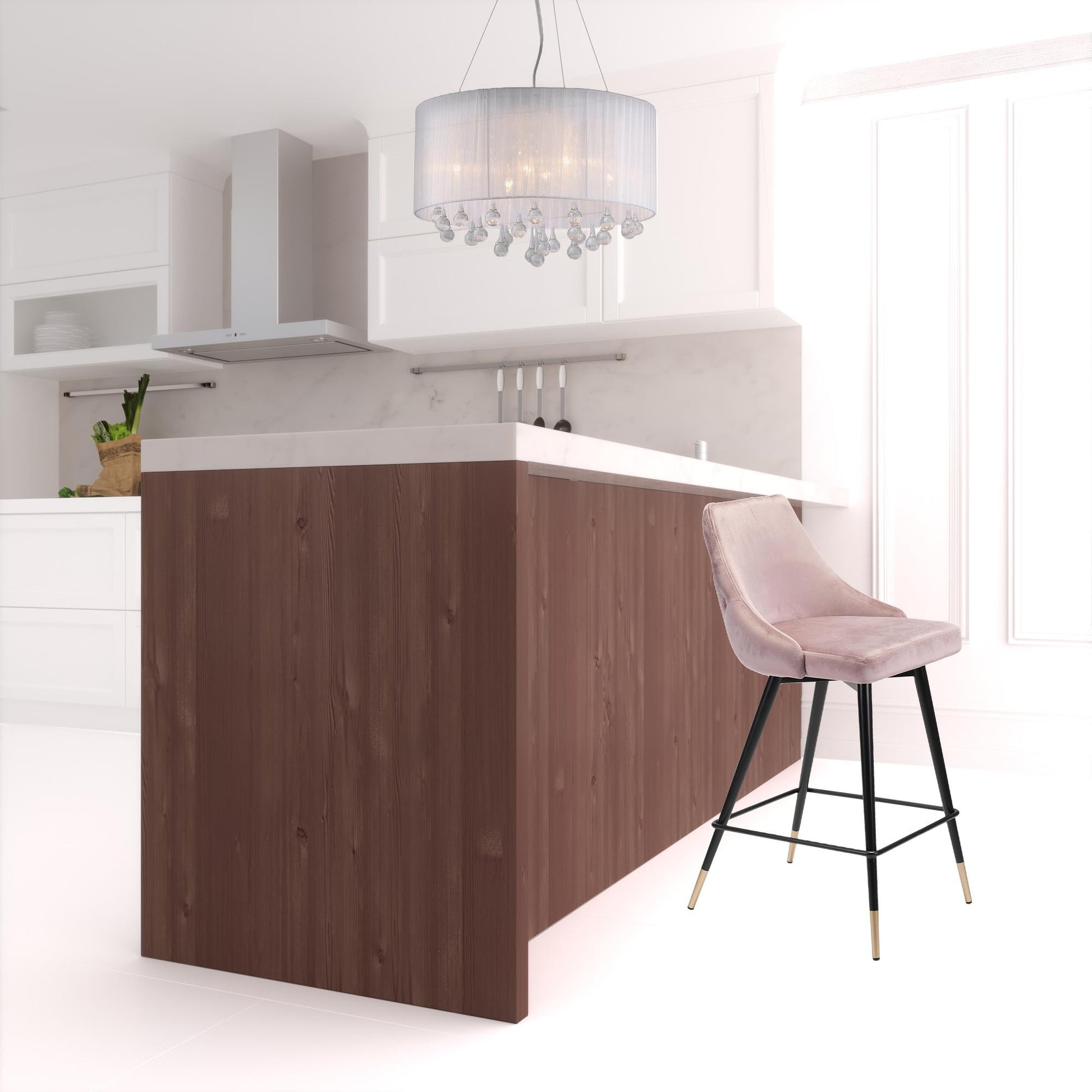 36" Pink Tufted Velvet and Black Counter Height Bar Chair With Footrest By Homeroots | Bar Stools | Modishstore - 5