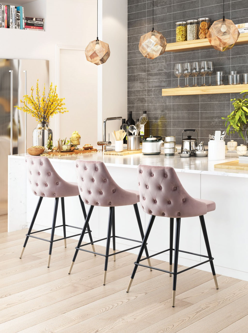 36" Pink Tufted Velvet and Black Counter Height Bar Chair With Footrest By Homeroots | Bar Stools | Modishstore - 6