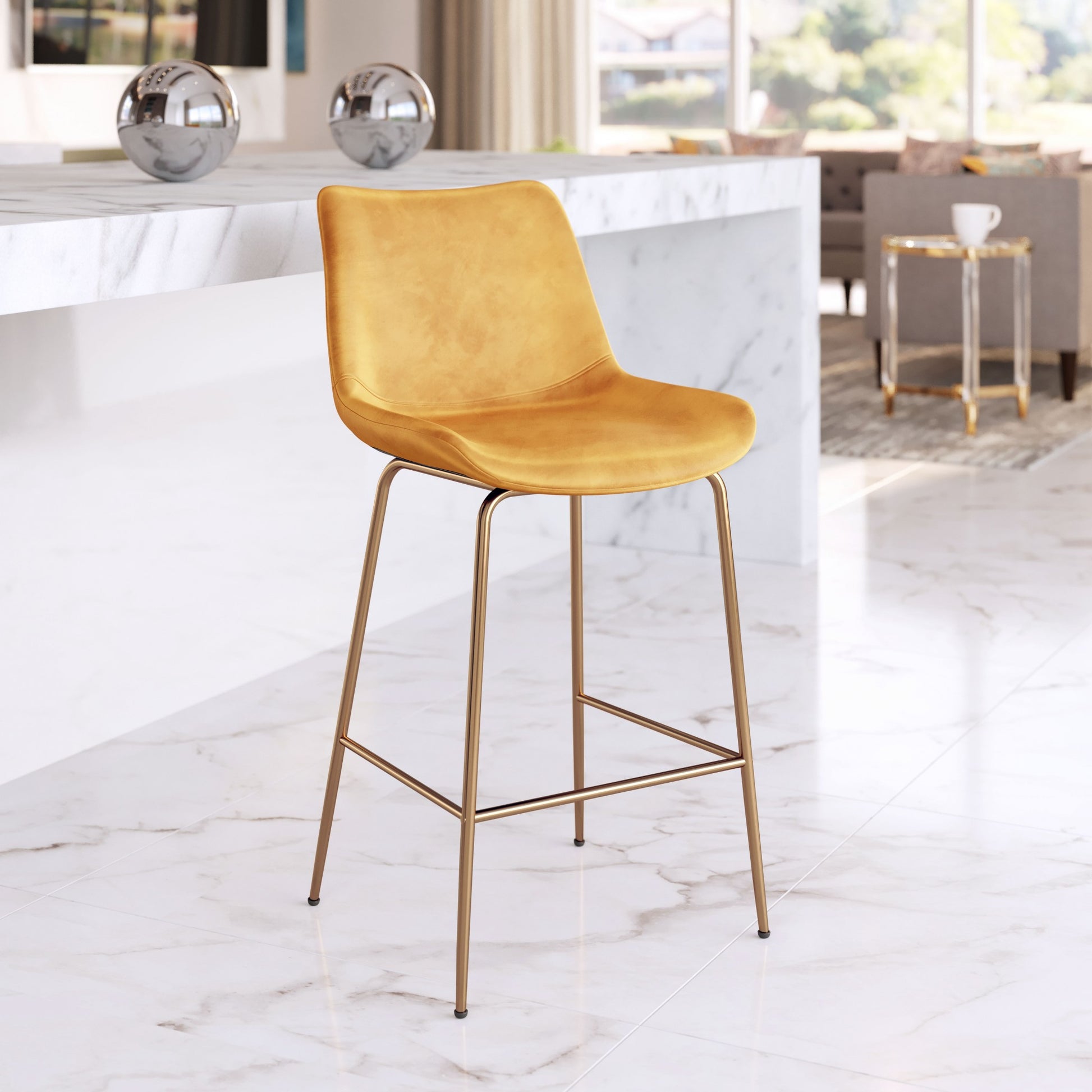 39" Yellow Velvet And Gold Low Back Counter Height Bar Chair With Footrest By Homeroots | Bar Stools | Modishstore - 8