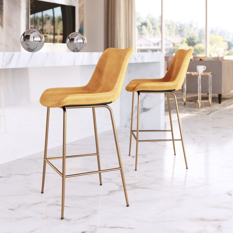 39" Yellow Velvet And Gold Low Back Counter Height Bar Chair With Footrest By Homeroots | Bar Stools | Modishstore - 9