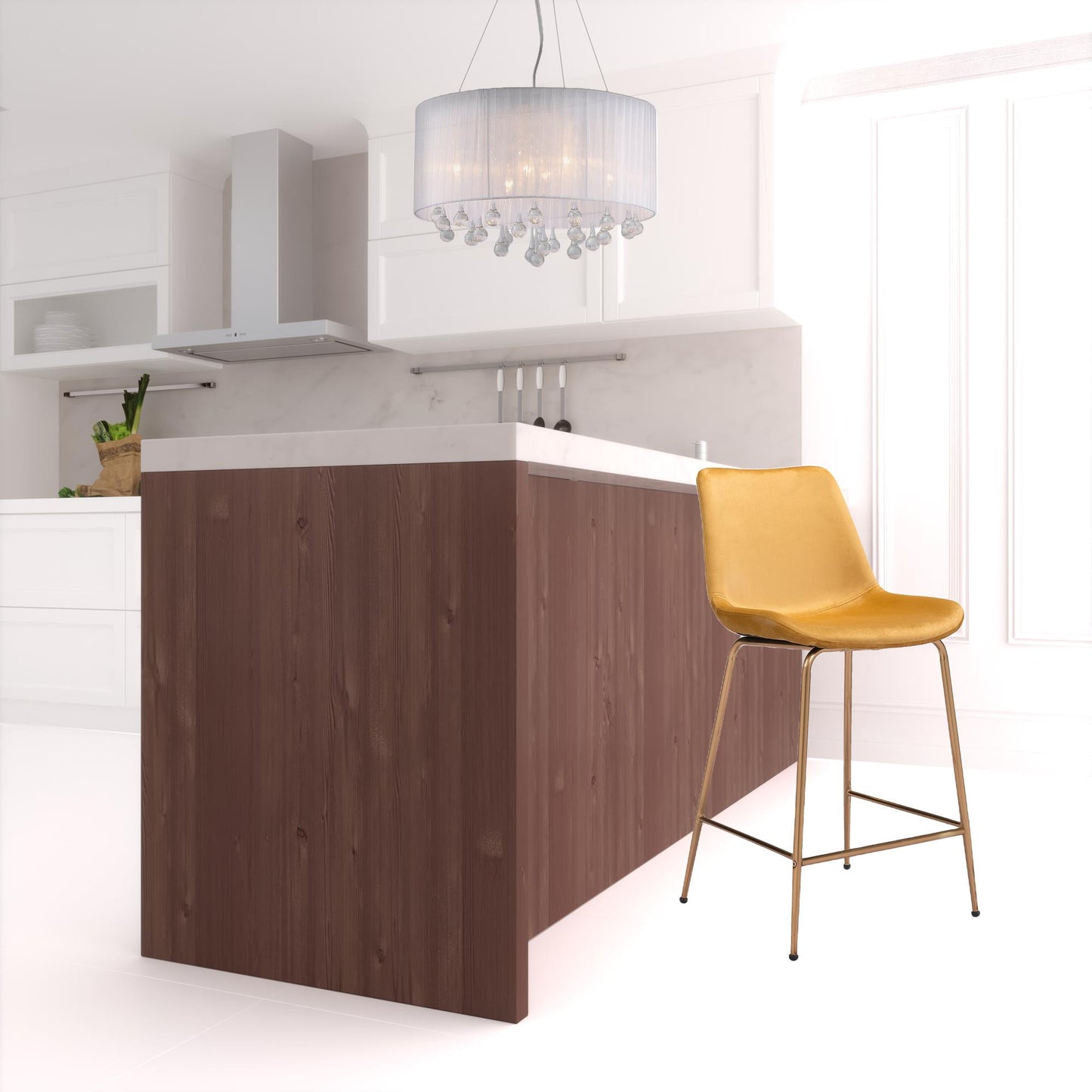 39" Yellow Velvet And Gold Low Back Counter Height Bar Chair With Footrest By Homeroots | Bar Stools | Modishstore - 2