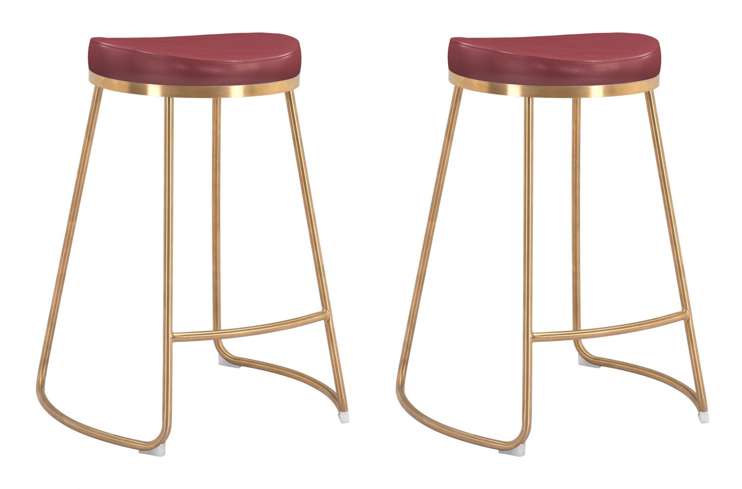Set of Two " Red and Gold Faux Leather and Stainless Steel Backless Counter Height Bar Chairs with Footrest By Homeroots