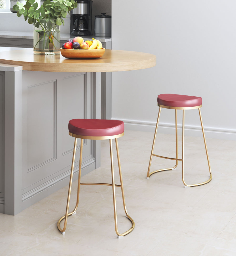 Set of Two " Red and Gold Faux Leather and Stainless Steel Backless Counter Height Bar Chairs with Footrest By Homeroots | Bar Stools | Modishstore - 8