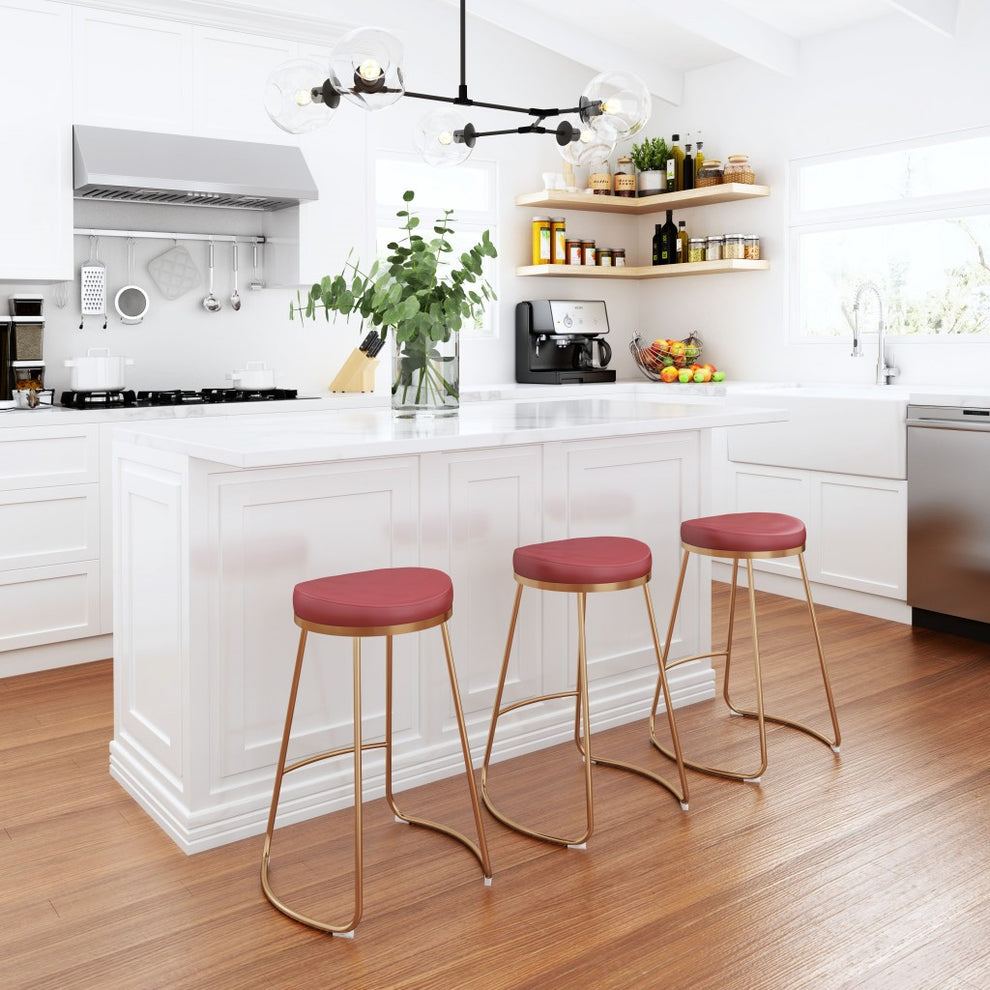 Set of Two " Red and Gold Faux Leather and Stainless Steel Backless Counter Height Bar Chairs with Footrest By Homeroots | Bar Stools | Modishstore - 9