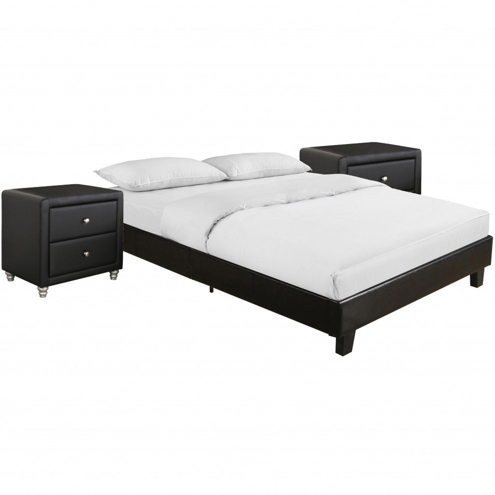 Black Platform Queen Bed With Two Nightstands By Homeroots - 397009 | Beds | Modishstore - 2