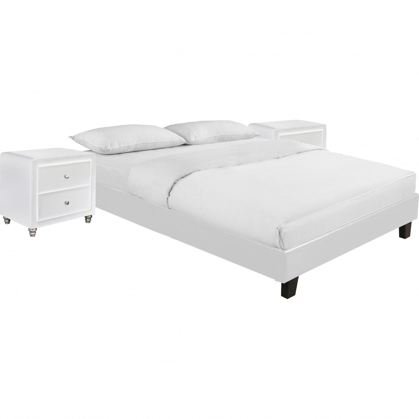 White Platform Queen Bed With Two Nightstands By Homeroots - 397011 | Beds | Modishstore - 2