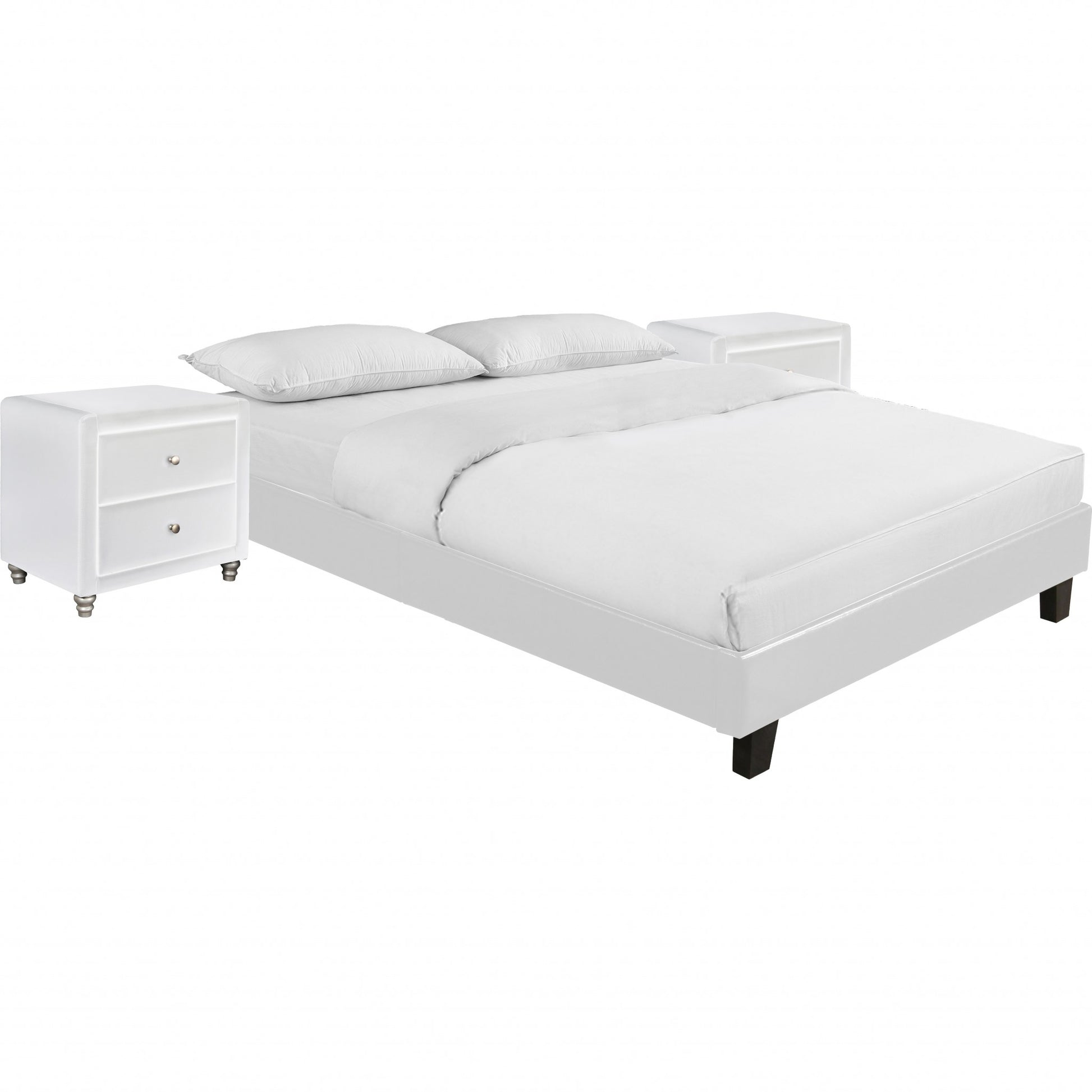 White Platform Queen Bed With Two Nightstands By Homeroots - 397011 | Beds | Modishstore - 2