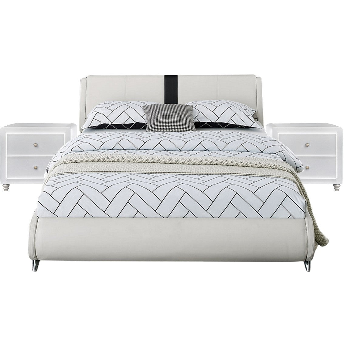 White Platform Queen Bed With Two Nightstands By Homeroots - 397017 | Beds | Modishstore - 2