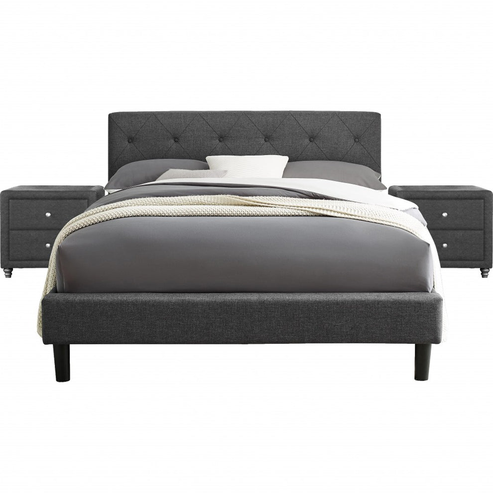 Grey Queen Platform Bed With Two Nightstands By Homeroots | Beds | Modishstore - 2
