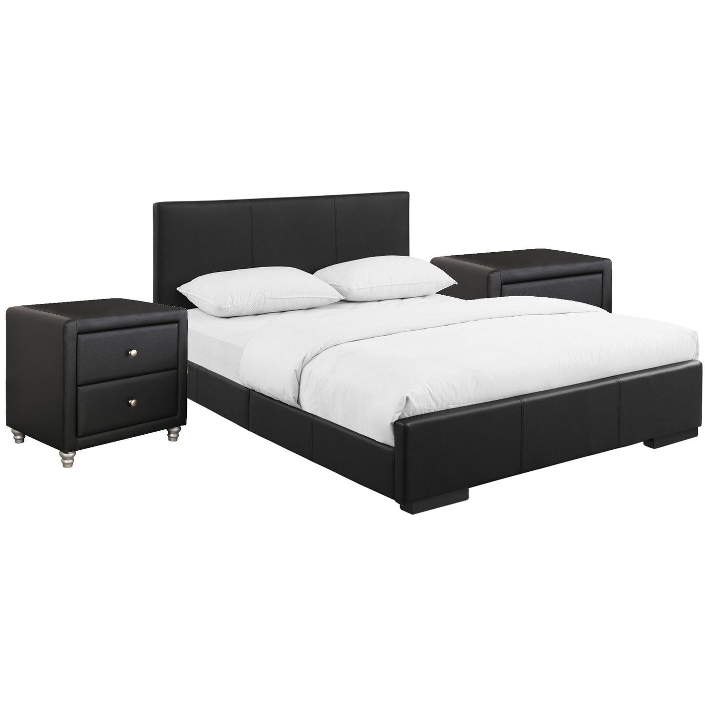 Black Upholstered Platform Queen Bed With Two Nightstands By Homeroots | Beds | Modishstore