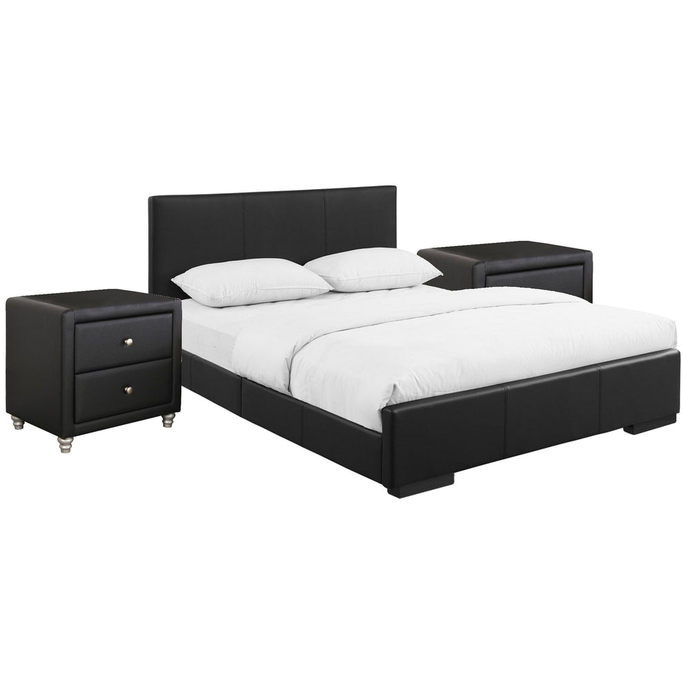 Black Upholstered Platform Queen Bed With Two Nightstands By Homeroots | Beds | Modishstore - 2