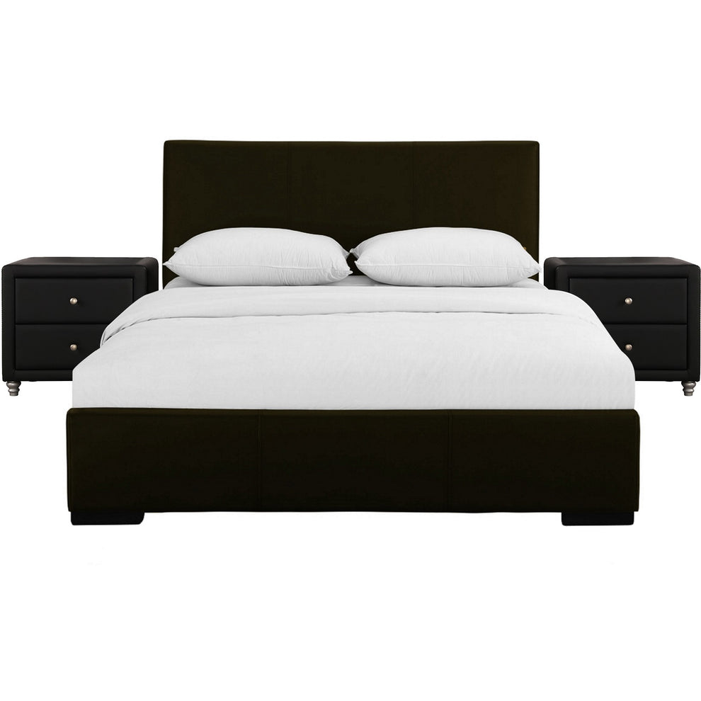 Brown Upholstered Platform Queen Bed With Two Nightstands By Homeroots | Beds | Modishstore - 2