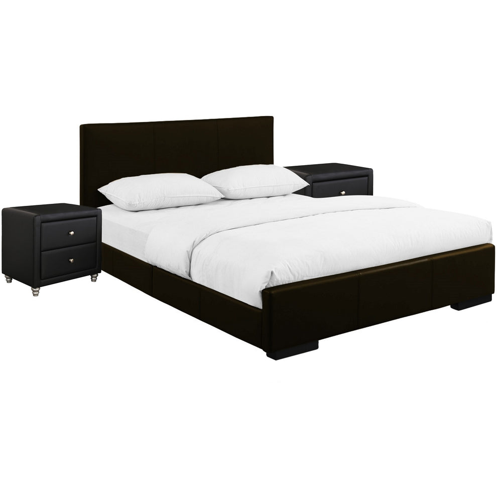 Brown Upholstered Platform Queen Bed With Two Nightstands By Homeroots | Beds | Modishstore - 3