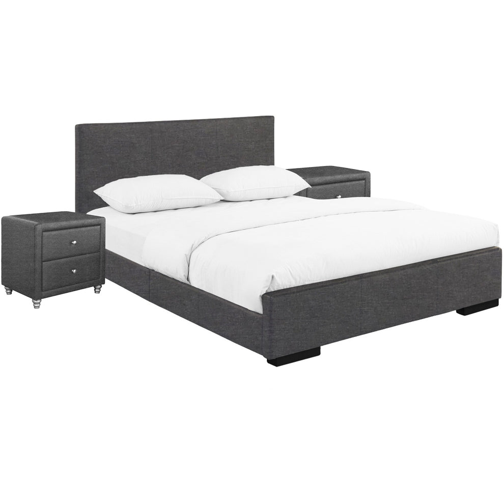 Grey Upholstered Platform Queen Bed With Two Nightstands By Homeroots | Beds | Modishstore - 3