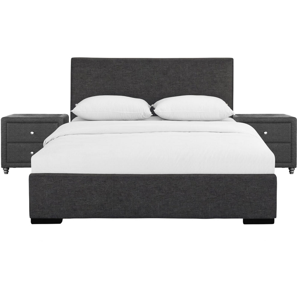 Grey Upholstered Platform King Bed With Two Nightstands By Homeroots | Beds | Modishstore - 2
