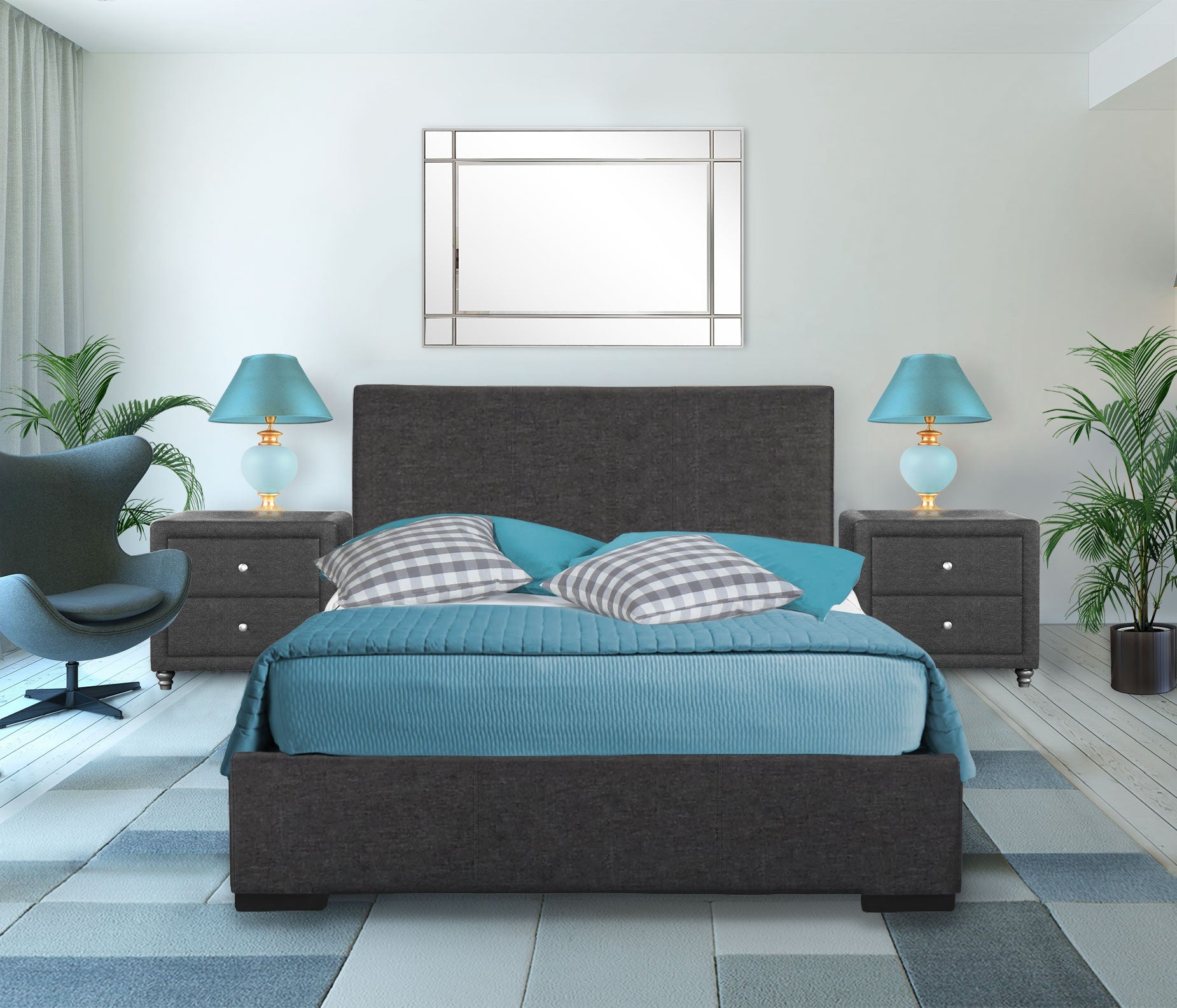 Grey Upholstered Platform King Bed With Two Nightstands By Homeroots | Beds | Modishstore
