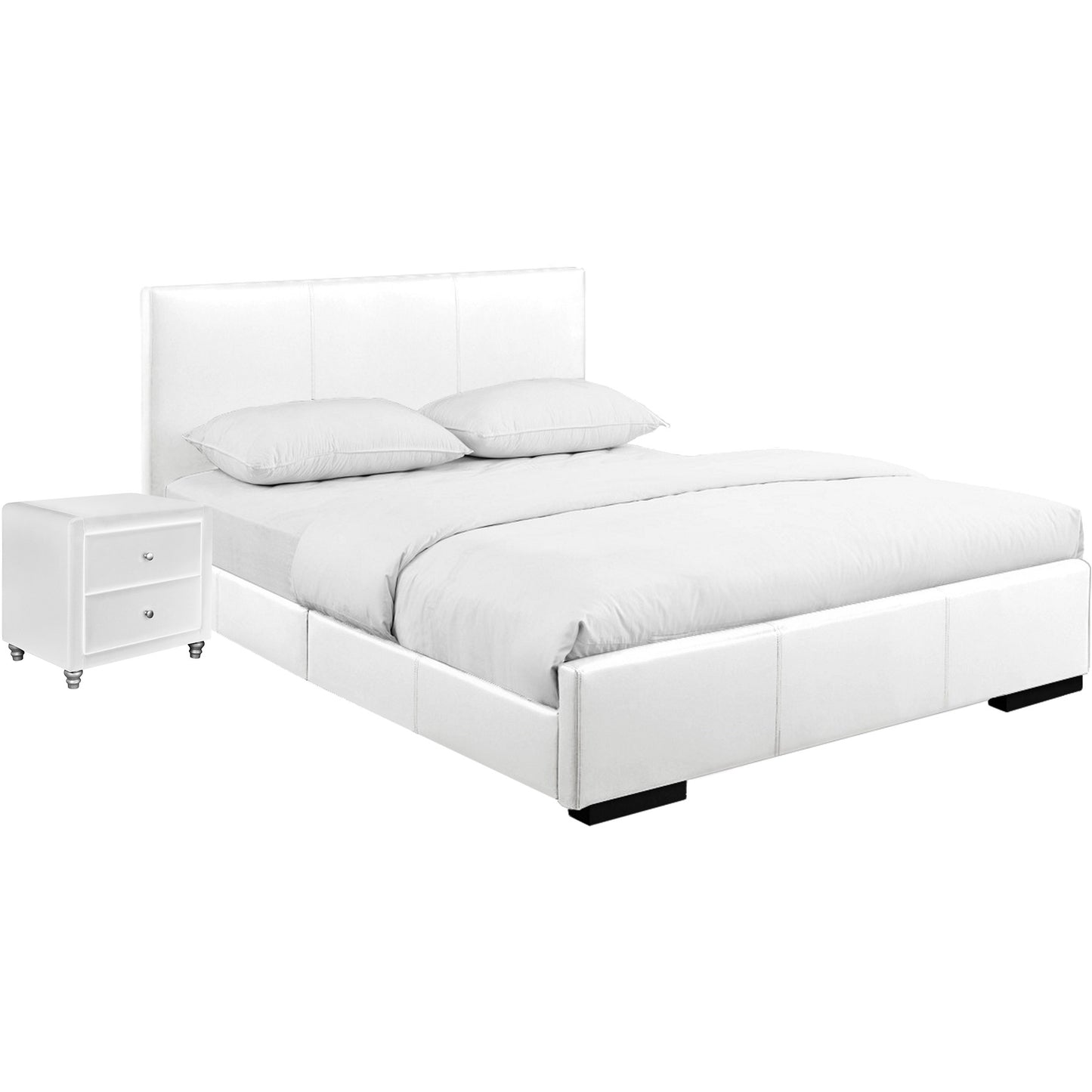 White Upholstered Twin Platform Bed With Nightstand By Homeroots | Beds | Modishstore - 2