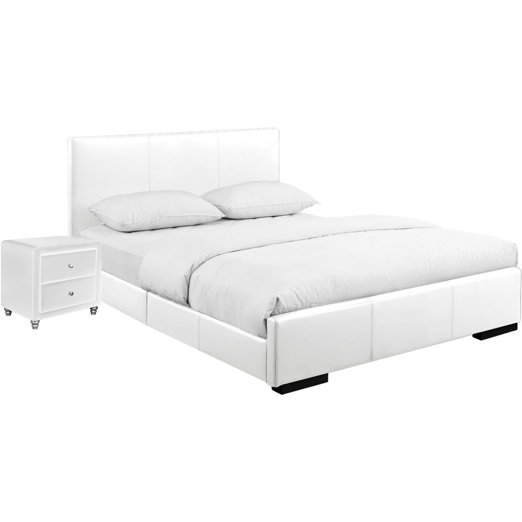 White Upholstered Full Platform Bed With Nightstand By Homeroots | Beds | Modishstore - 3