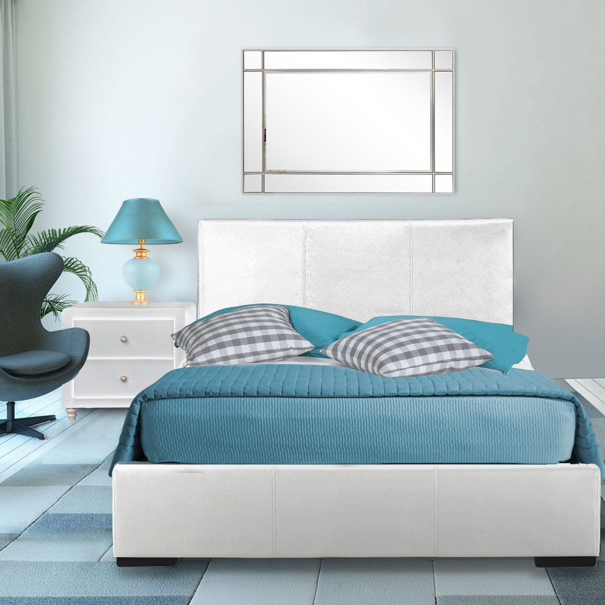 White Upholstered Full Platform Bed With Nightstand By Homeroots | Beds | Modishstore