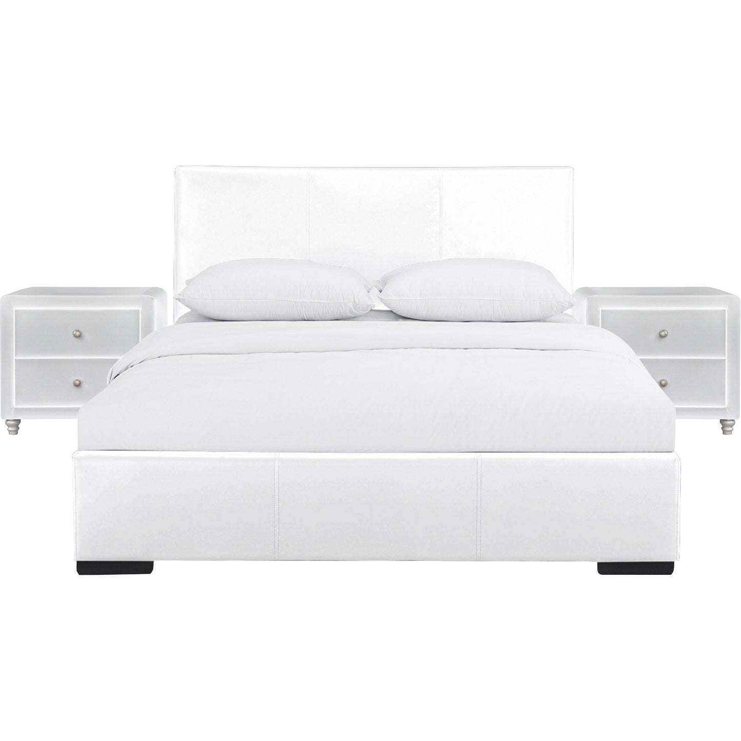 White Upholstered Platform Queen Bed With Two Nightstands By Homeroots | Beds | Modishstore