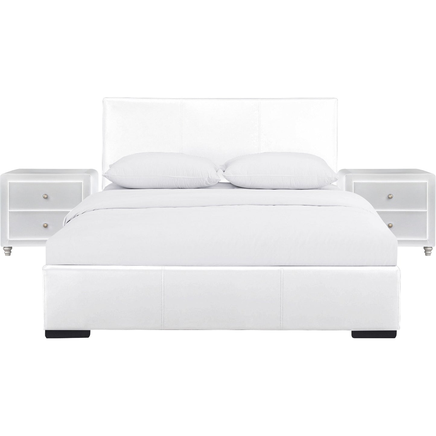 White Upholstered Platform King Bed With Two Nightstands By Homeroots | Beds | Modishstore - 2