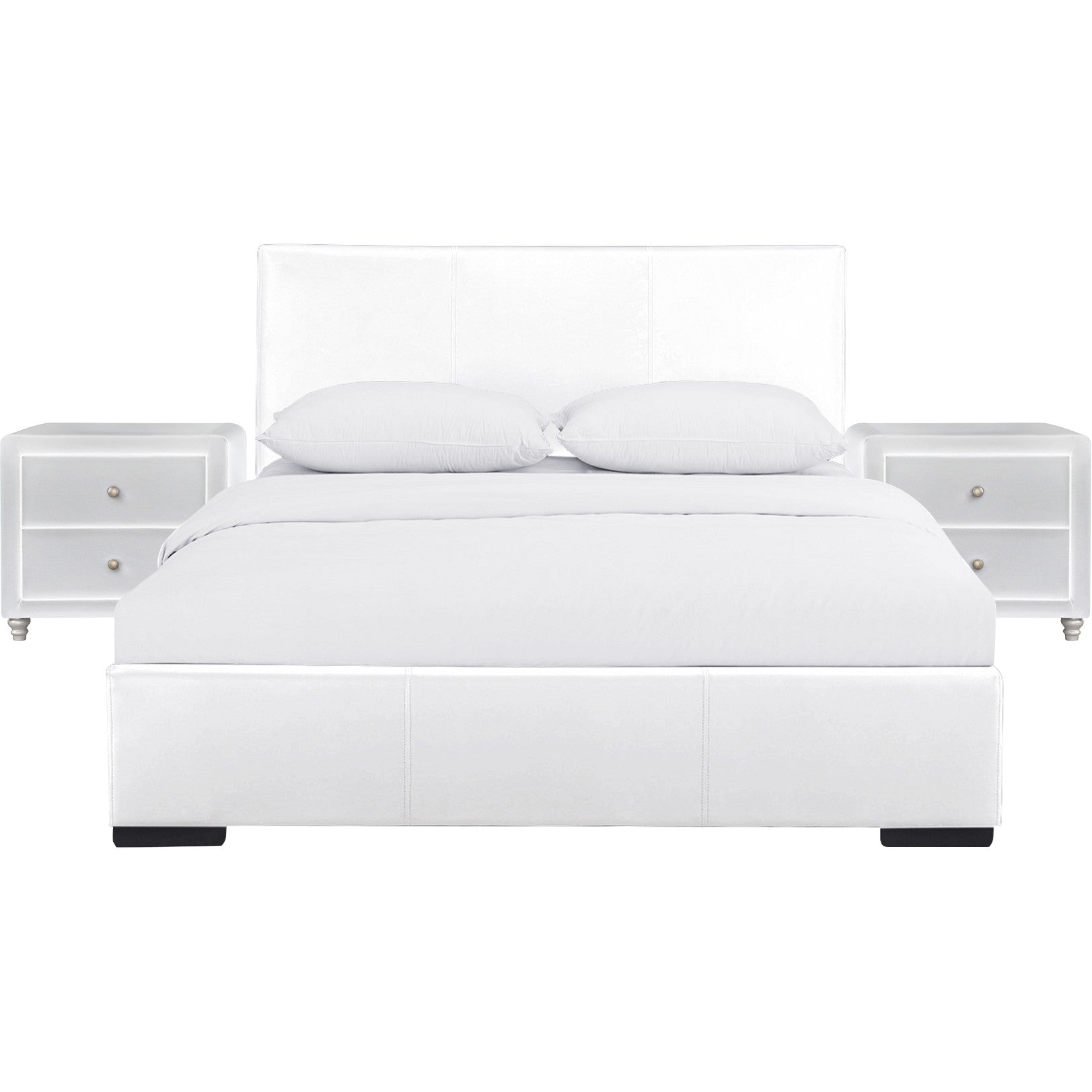 White Upholstered Platform King Bed With Two Nightstands By Homeroots | Beds | Modishstore - 2