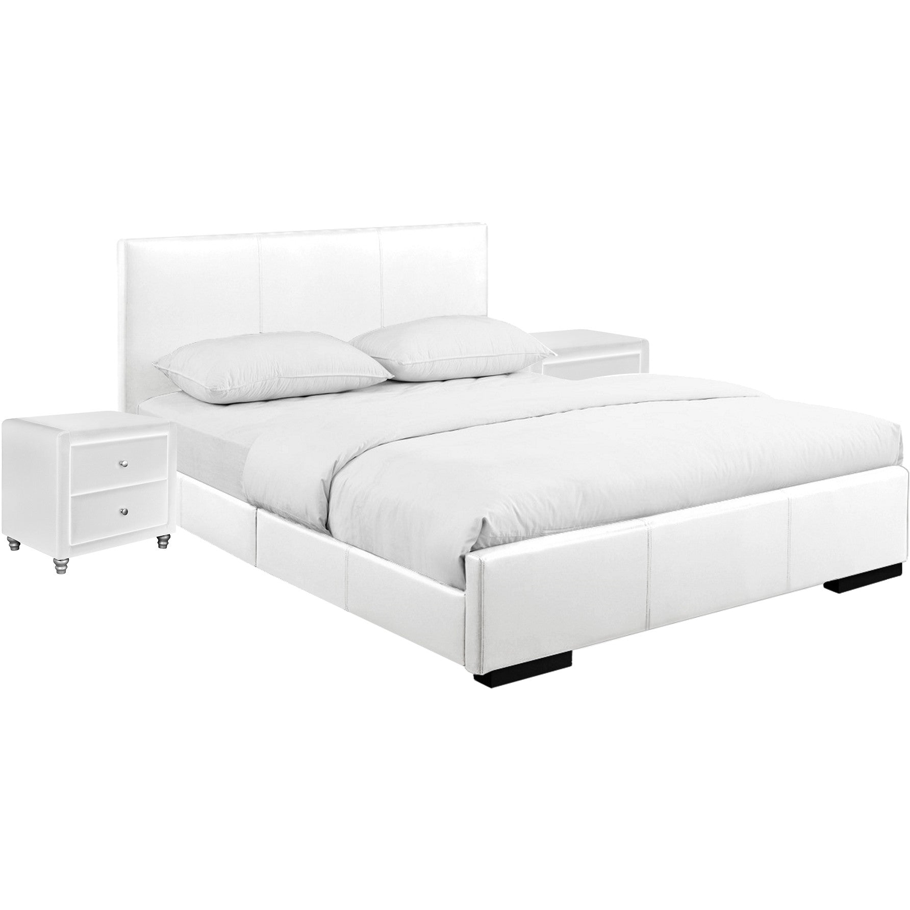 White Upholstered Platform King Bed With Two Nightstands By Homeroots | Beds | Modishstore - 2