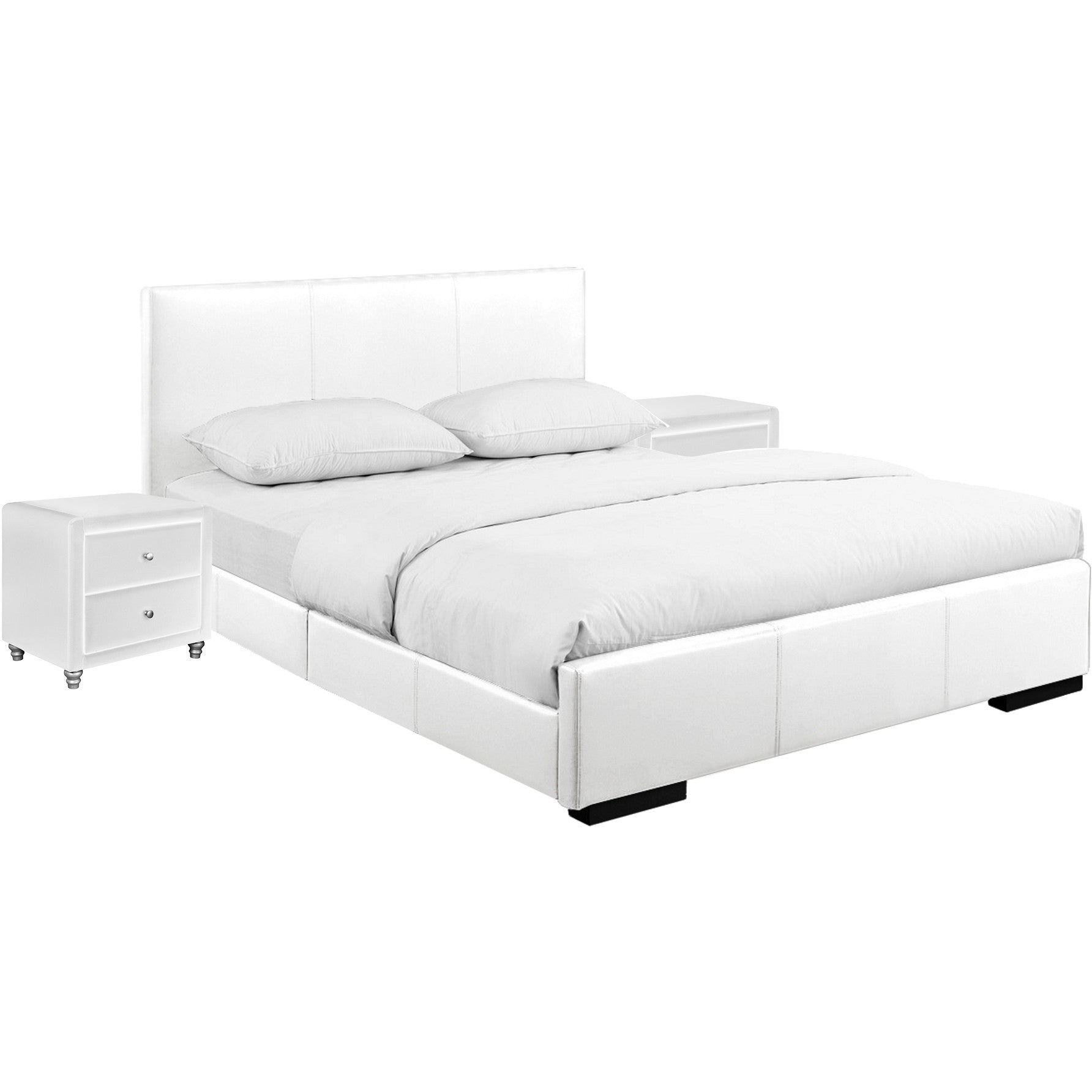 White Upholstered Platform King Bed With Two Nightstands By Homeroots | Beds | Modishstore - 3