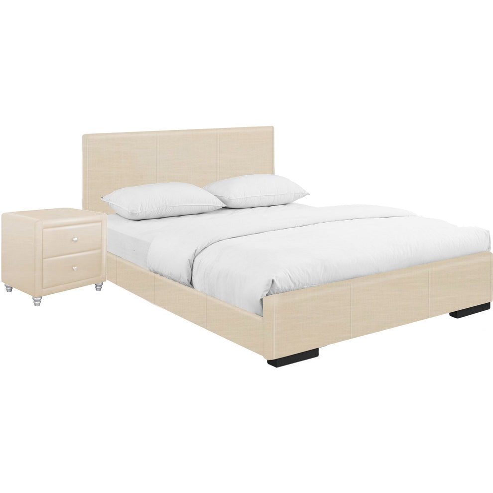 Beige Upholstered Full Platform Bed With Nightstand By Homeroots | Beds | Modishstore - 2
