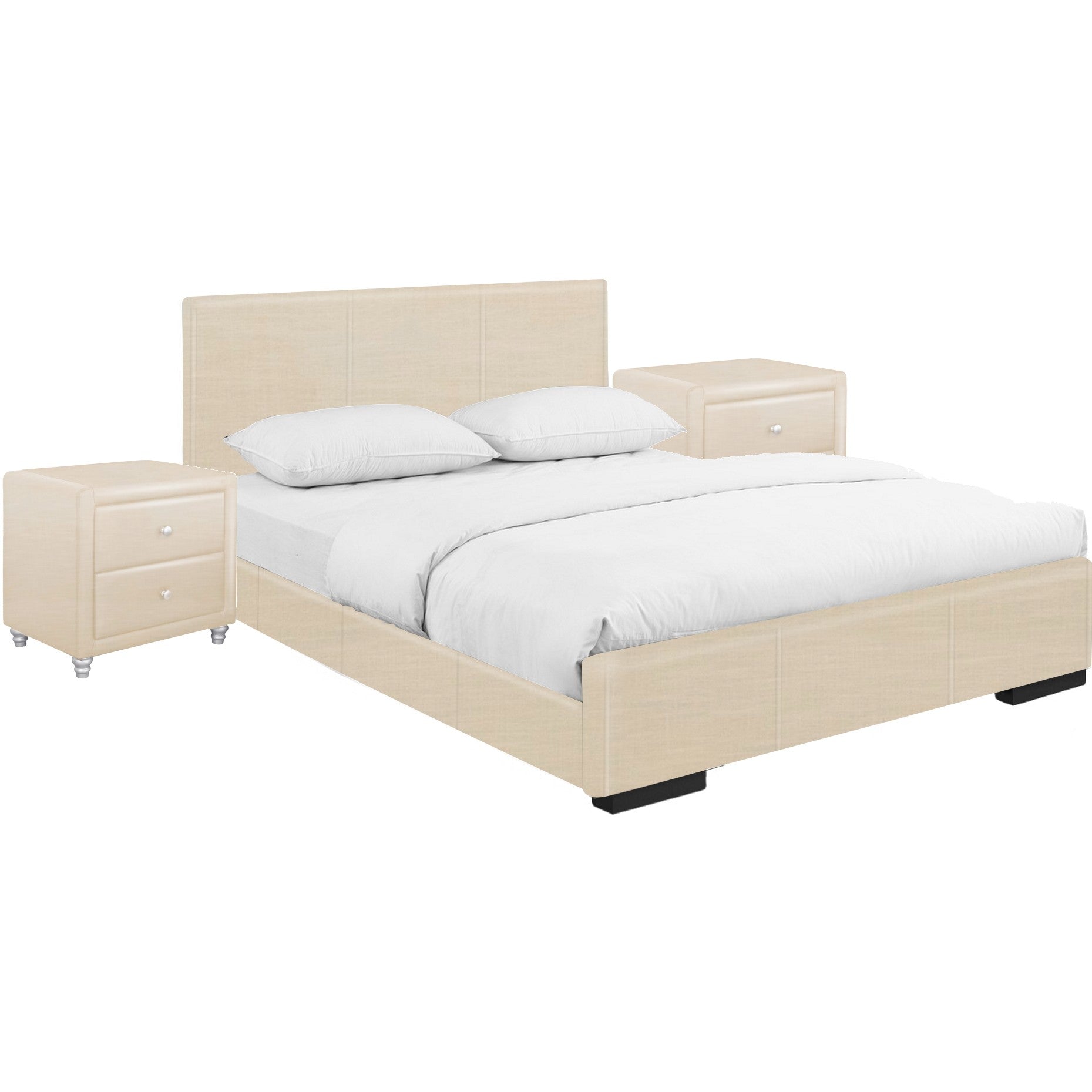 Beige Upholstered Platform Queen Bed With Two Nightstands By Homeroots | Beds | Modishstore