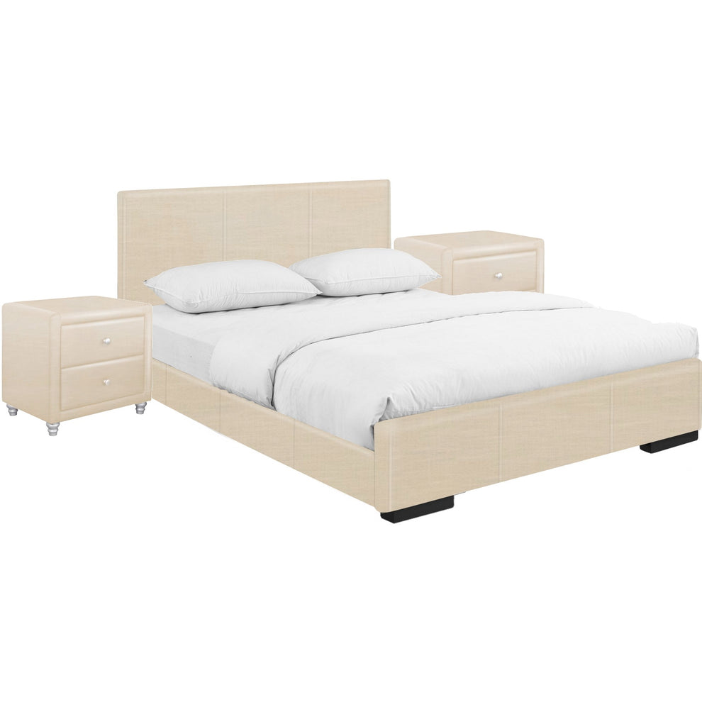 Beige Upholstered Platform Queen Bed With Two Nightstands By Homeroots | Beds | Modishstore - 2