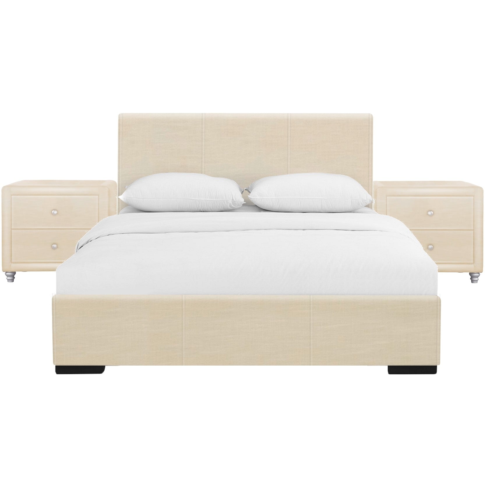 Beige Upholstered Platform Queen Bed With Two Nightstands By Homeroots | Beds | Modishstore - 2