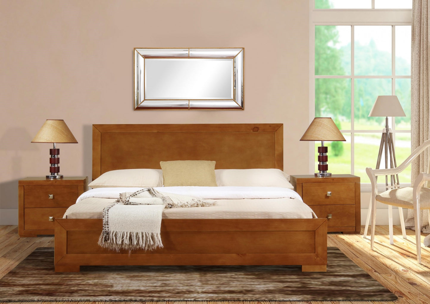 Oak Wood Full Platform Bed By Homeroots - 397100 | Beds | Modishstore - 3