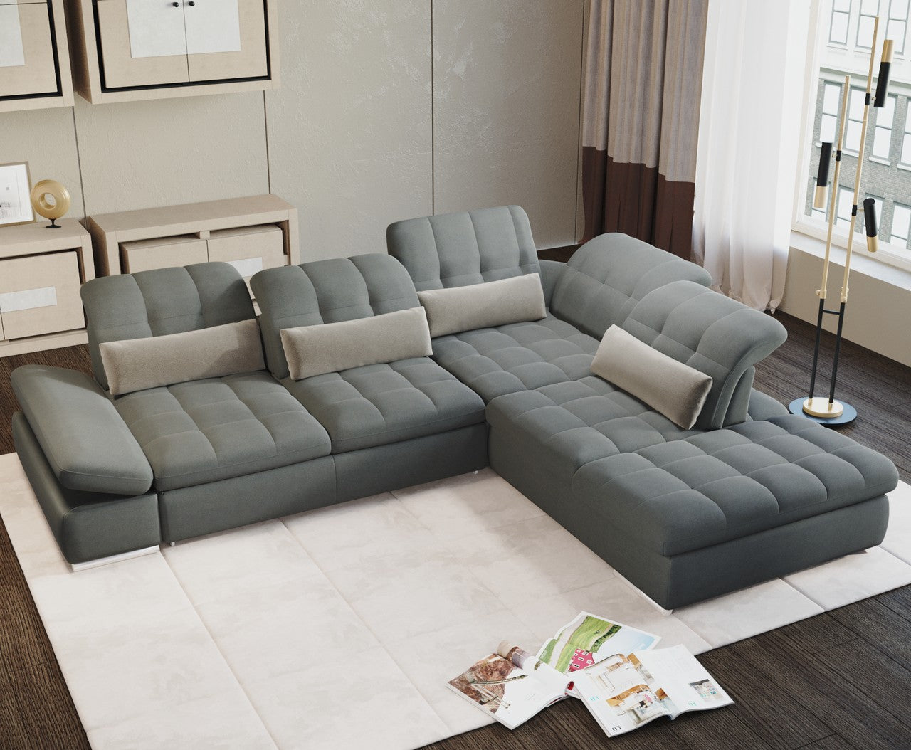 Mod Gray Four Piece Left Sectional Sofa with Storage and Sleeper By Homeroots | Sectional | Modishstore