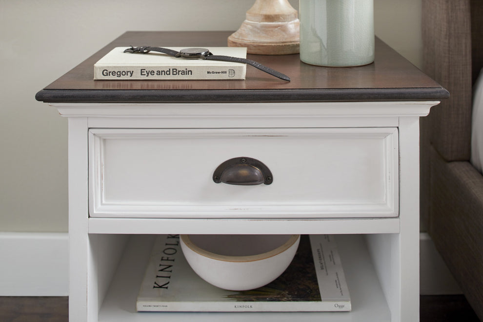 Distressed White And Deep Brown Nightstand With Shelves By Homeroots | Nightstands | Modishstore - 7
