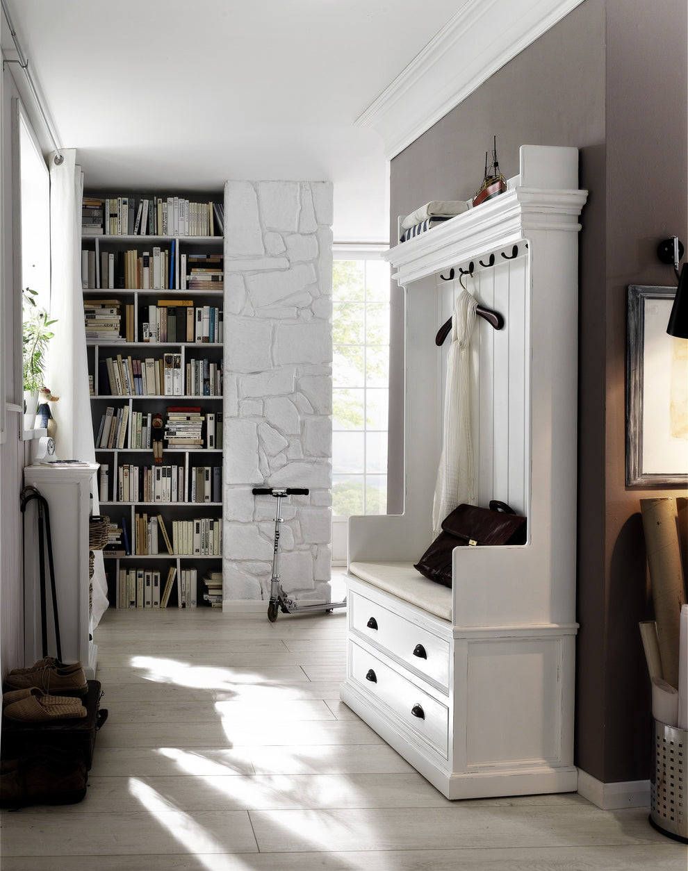 Classic White Entryway Coat Rack and Bench with Drawers By Homeroots | Coat Racks | Modishstore - 8