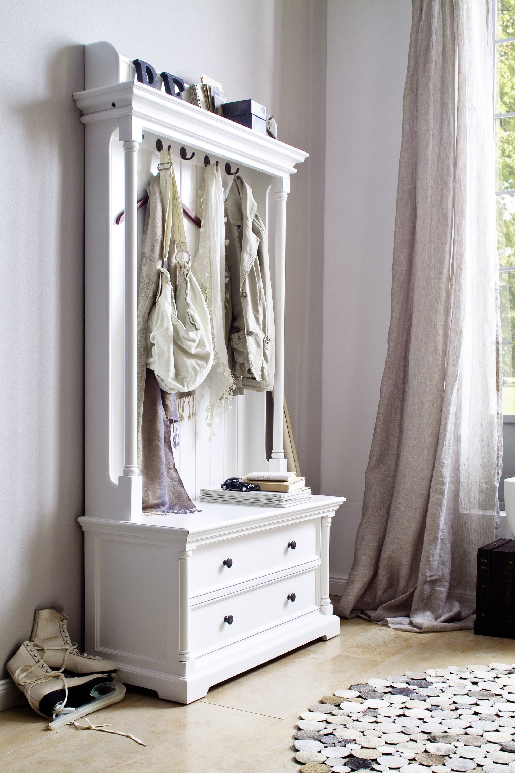 Classic White Hall Tree Coat Rack with Drawers By Homeroots