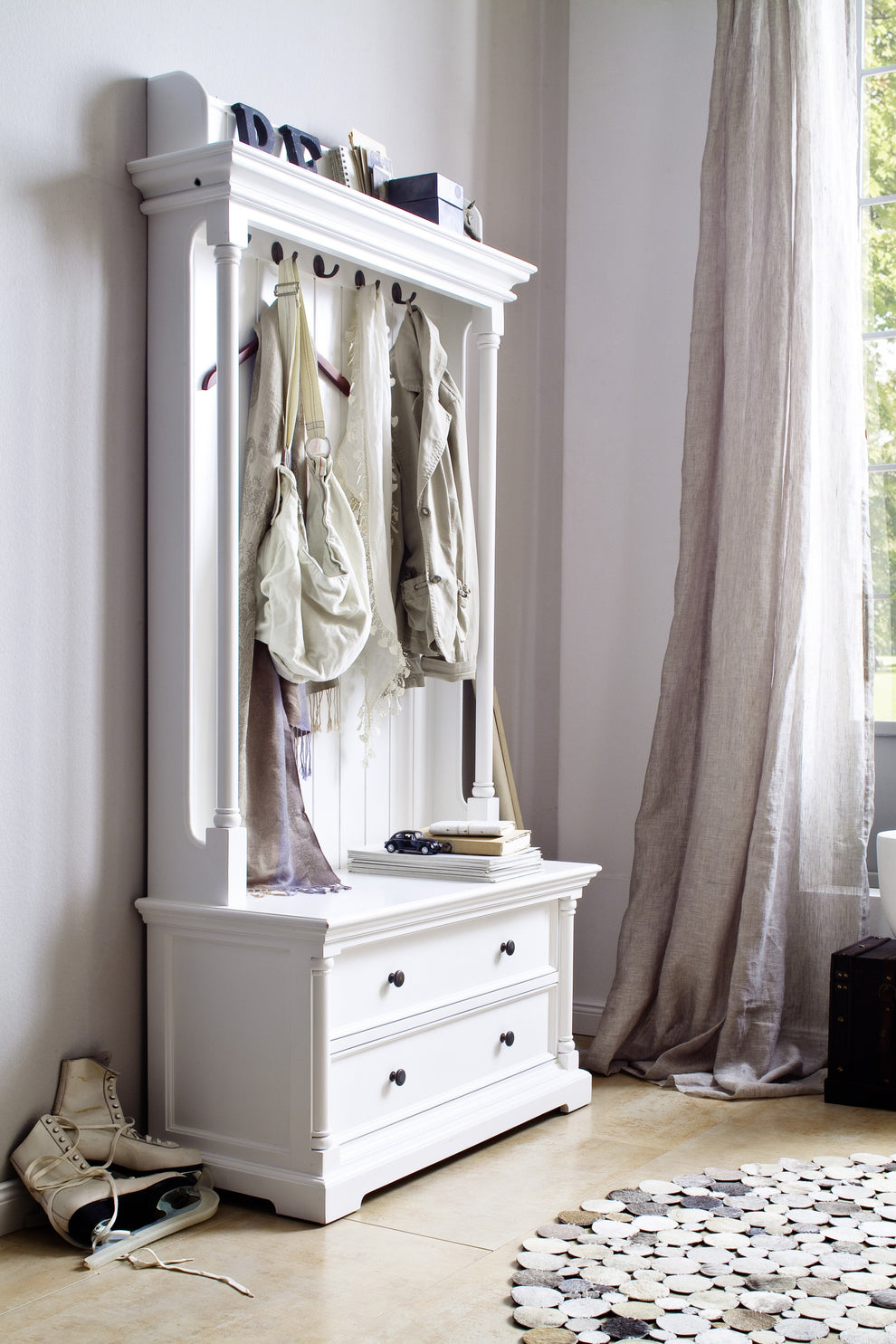 Classic White Hall Tree Coat Rack with Drawers By Homeroots | Coat Racks | Modishstore - 8
