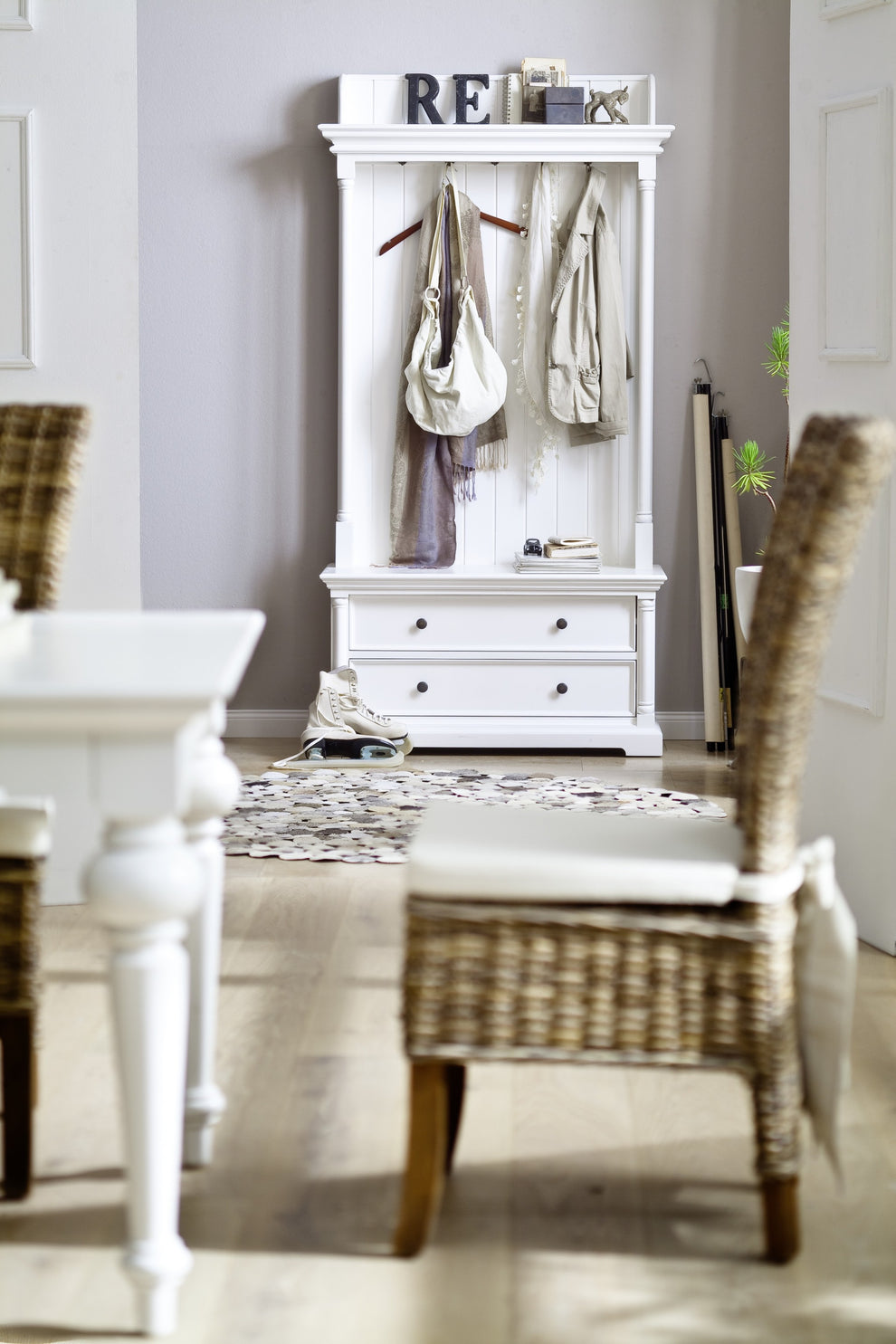 Classic White Hall Tree Coat Rack with Drawers By Homeroots | Coat Racks | Modishstore - 9
