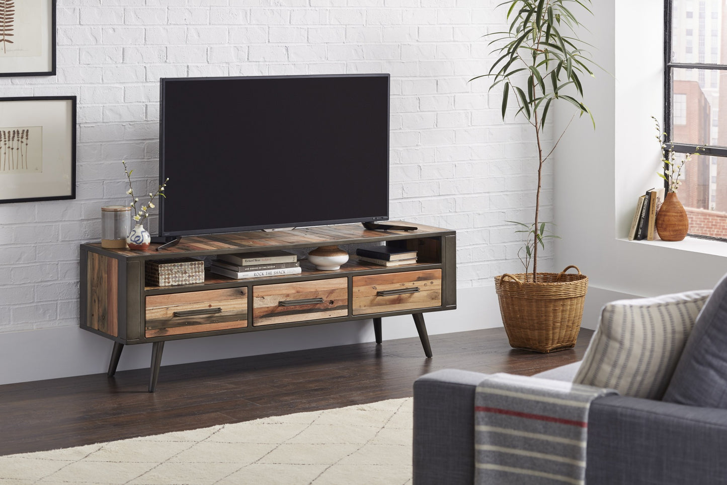 Rustic Natural Wood TV Stand with Three Drawers By Homeroots